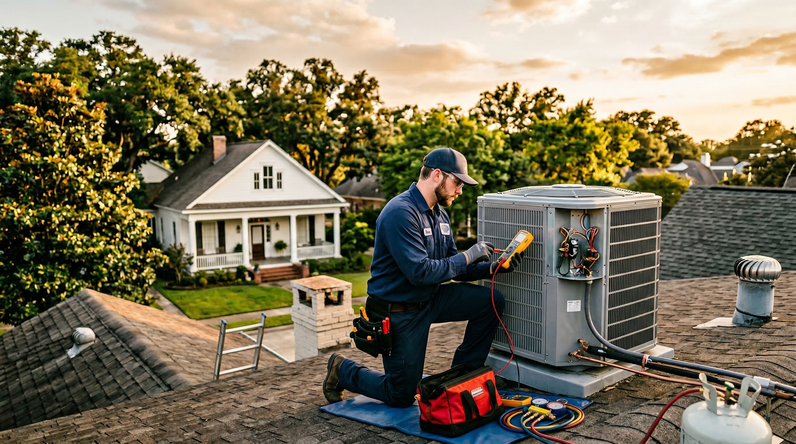 HVAC technician servicing an air conditioning unit on a rooftop at golden hour